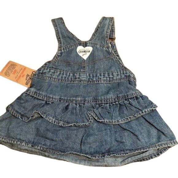 OshKosh Denim Overall Dress Size 9M with Heart Pocket on chest; Ruffled; Buttons - Picture 2 of 3